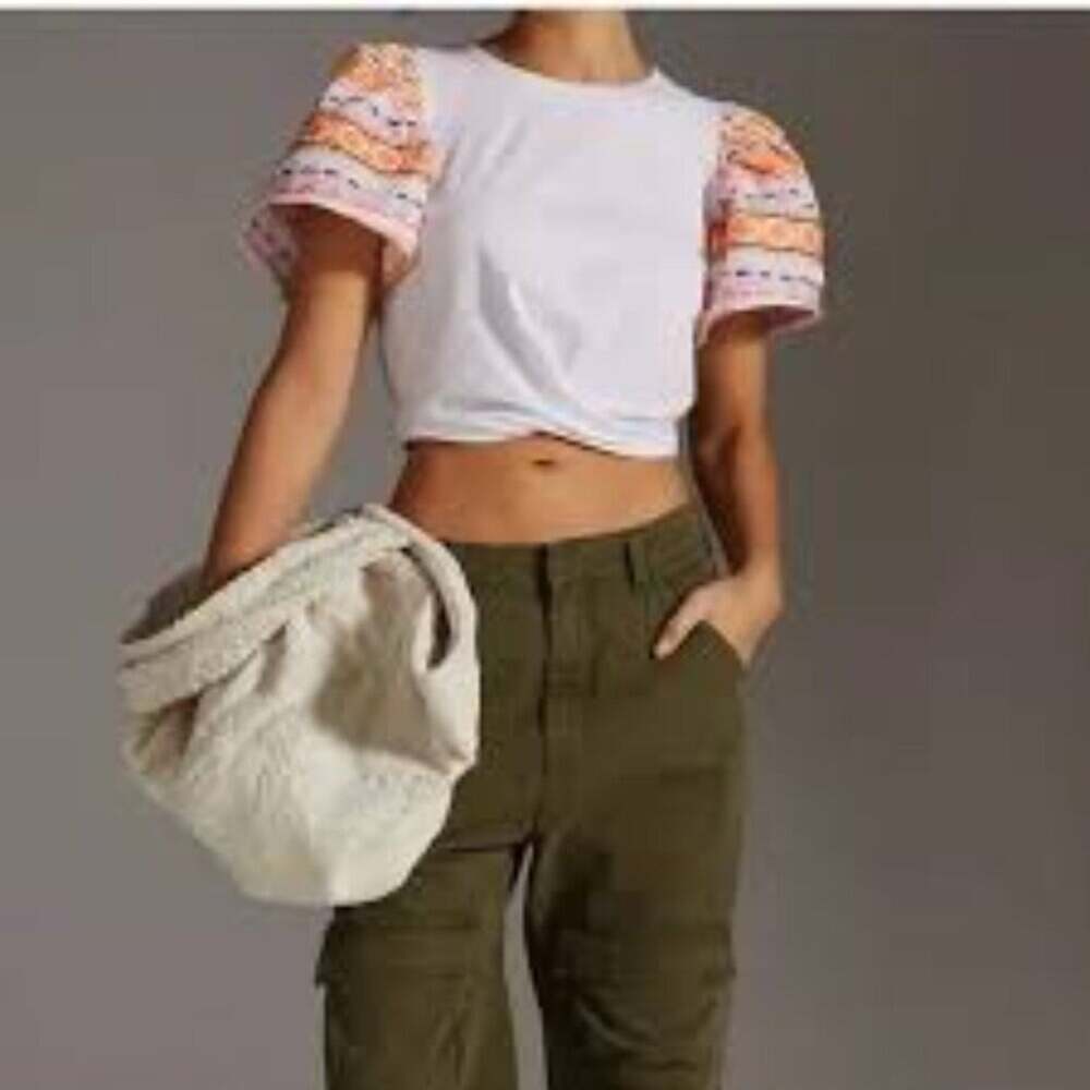 ANTHROPOLOGIE DOLAN EMBROIDERED SLEEVE TWIST COLORFUL TOP SIZE SMALL